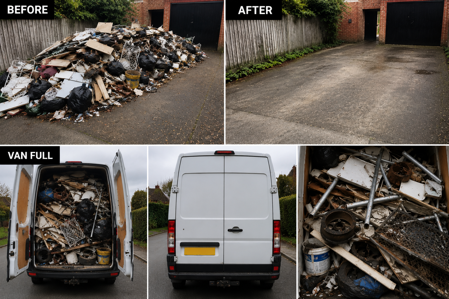 Before and after photos of a full driveway and garden clearance — top row shows the driveway piled with junk then the same space completely cleared; bottom row shows the loaded van and a close-up of the collected waste. Same-day job by Bin There Done That, licensed waste carrier.